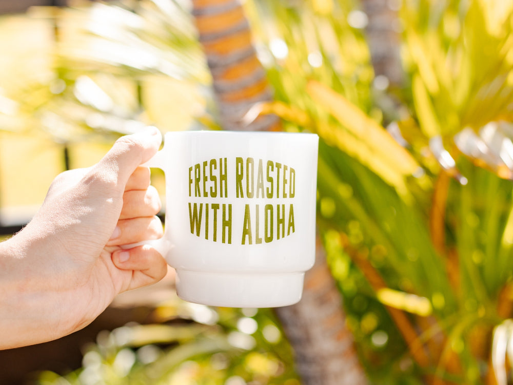 
                  
                    "Fresh roasted with Aloha" on new milk glass mug
                  
                