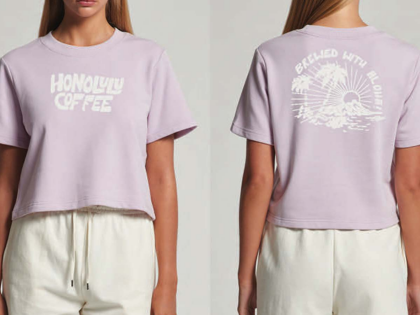 
                  
                    Front and back design of Honolulu Coffee's lilac crop top
                  
                