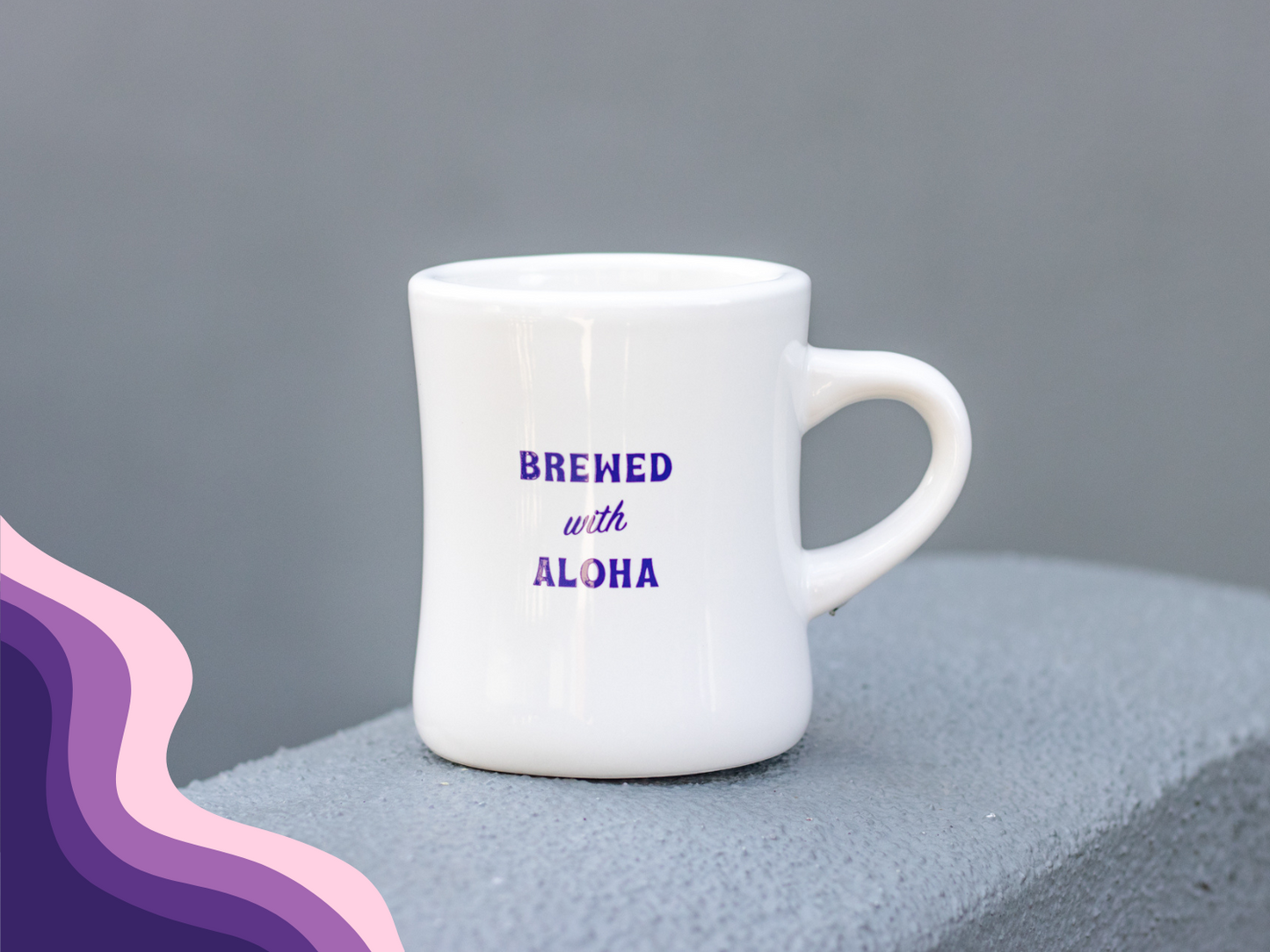 
                  
                    Standard diner mug with "Brewed with Aloha" text in purple ube color
                  
                