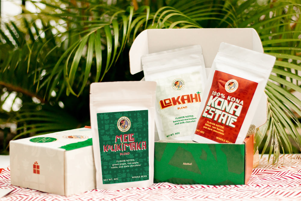 Coffee gift pack with Mele Kalikimaka blend, Lokahi blend, and 100% Kona Estate Coffee